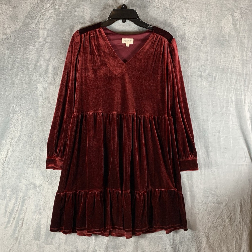 52seven Women's Dress S Velvet Long Sleeve Tiered V Neck Wine Holiday Goth